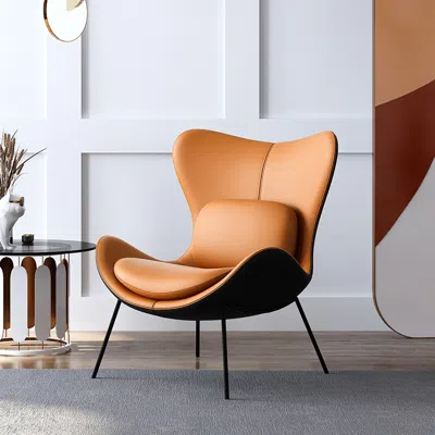 Homary Modern Orange & Black Accent Chair Pu Leather Upholstery Pillow Included In Brown