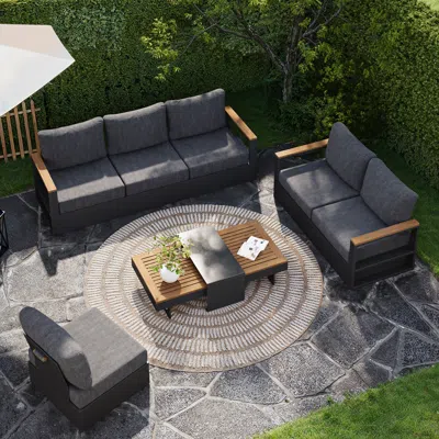 Homary Modern Outdoor Sectional Sofa Set With Wood & Aluminum Frame 4-piece In Gray