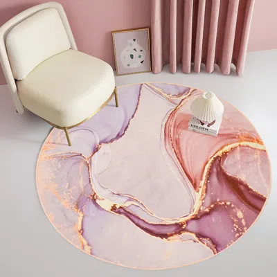 Homary Modern Pink And Gold Abstract Round Area Rug 4' X 4' Flowing Pattern