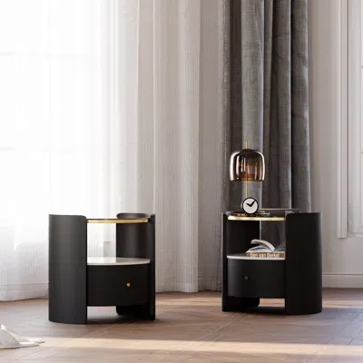 Homary Modern Round Black Leather Nightstand With Glass Top & Sintered Stone Bedside With Shelf Set Of 2