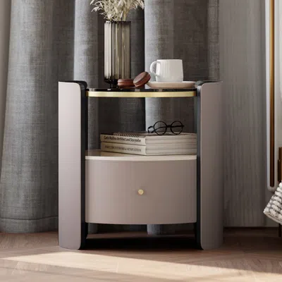 Homary Modern Round Gray Leather Nightstand With Glass Top & Sintered Stone Bedside With Shelf