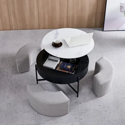 Homary Modern Round Lift-top Coffee Table With Storage & 3 Ottoman White & Black