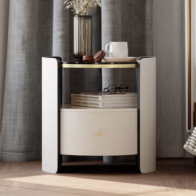 Homary Modern Round White Leather Nightstand With Glass Top & Sintered Stone Bedside With Shelf