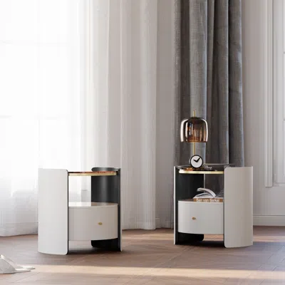 Homary Modern Round White Leather Nightstand With Glass Top & Sintered Stone Bedside With Shelf Set Of 2