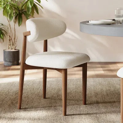 Homary Modern Rubber Wood Walnut Dining Chair With Boucle Upholstery In White