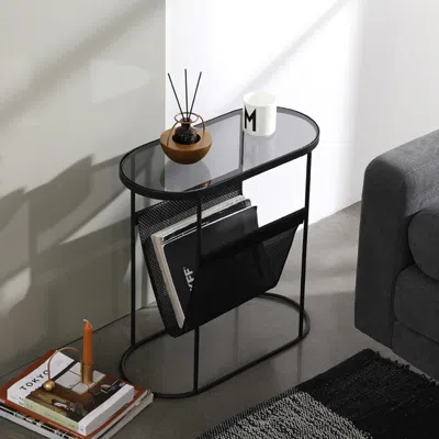 Homary Modern Side Table Black End Table Metal Accent Oval Table Magazine Holder Sofa Table