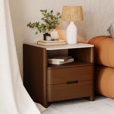 Homary Modern Sintered Stone Top Nightstand With Drawers & Shelf In Brown