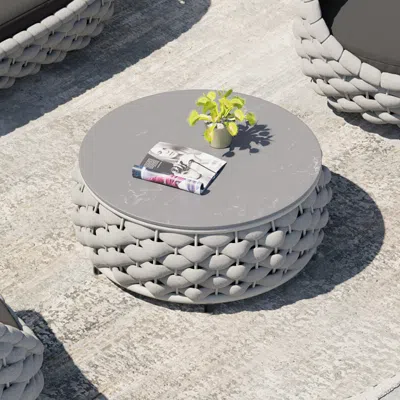 Homary Modern Sintered Stone Top Round Outdoor Coffee Table With Textilene Rope Woven Base In Gray