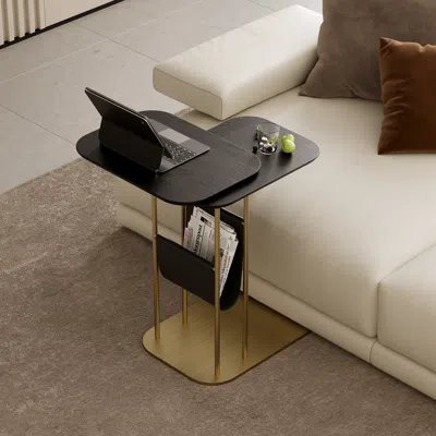Homary Modern Small C Shaped Rotating Side Table Black Wood Bedside Table With Storage End Tables