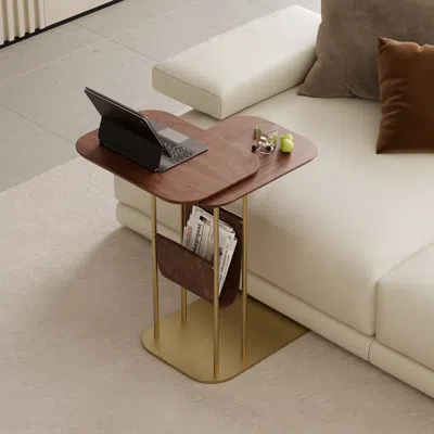 Homary Modern Small C Shaped Rotating Side Table Walnut Wood Bedside Table With Storage End Tables In Brown