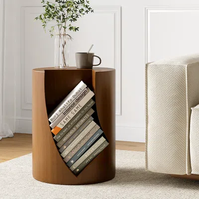 Homary Modern Small Walnut Side Table With Open Storage Round End Table Bedside Table In Brown
