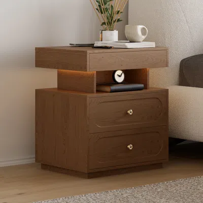 Homary Modern Smart Nightstand With Light 2 Drawer Bedside Table With Charging Station In Brown