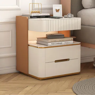 Homary Modern Smart Nightstand With Wireless Charger & Sensor Light & Bluetooth Speakers Sintered Stone Bed In Brown