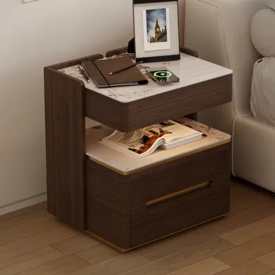 Homary Modern Smart Walnut Nightstand With Wireless Charger & Sensor Light & Bluetooth Speakers Sintered St In Brown
