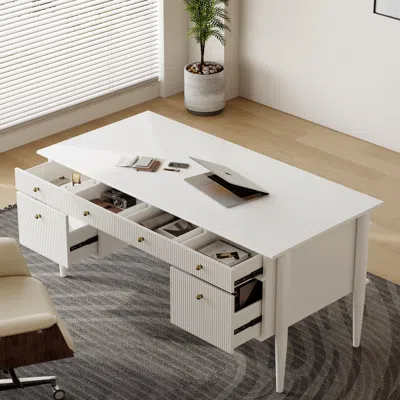 Homary Modern Solid Wood Home Office Desk With 6 Drawers White Executive Writing Desk (64")