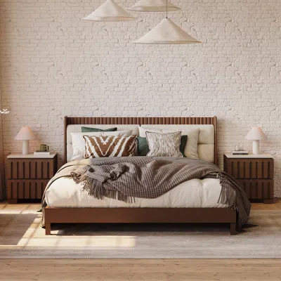 Homary Modern Solid Wood King Upholstered Bed & 2 Drawer Ash Wood Nightstand Set With With Faux Travertine  In Brown