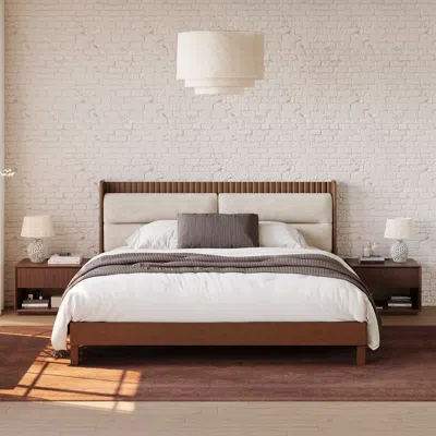 Homary Modern Solid Wood King Upholstered Bed & 2 Fluted Nightstand Set With With With Charging Station In White