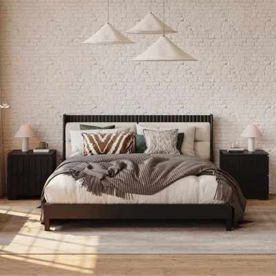 Homary Modern Solid Wood Queen Upholstered Bed & 2 Drawer Ash Wood Nightstand Set With With Faux Travertine In White