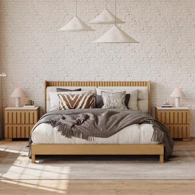 Homary Modern Solid Wood Queen Upholstered Bed & 2 Drawer Ash Wood Nightstand Set With With Faux Travertine In Multi