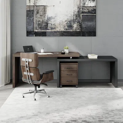 Homary Modern Swivel Desk & Black Home Office Chair Set  L-shaped Rotating Desk Adjustable