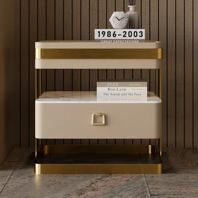 Homary Modern Tempered Glass Nightstand With Sintered Stone Shelf Bedside Table With Drawer In Gold