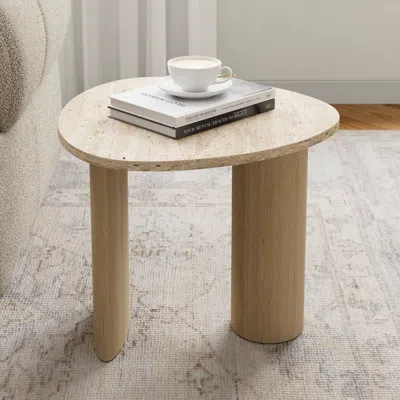 Homary Modern Travertine Top Side Table Beige & Natural End Table In Brown