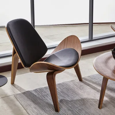 Homary Modern Tripod Black Leather Shell Lounge Chair With Single Side In Walnut