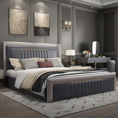 Homary Modern Upholstered California King Platform Bed With Wingback Headboard In Gray
