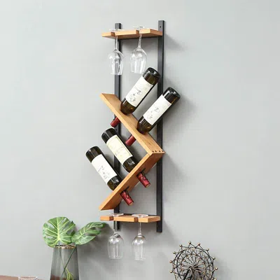 Homary Modern Wall Mounted Wood Wine Rack 4-bottle & 4 Wine Glass Rack Stemware Holder Rack In Burgundy