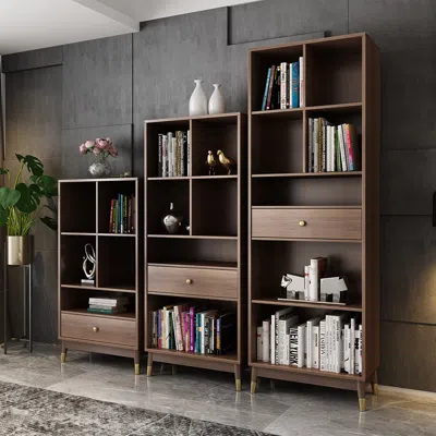 Homary Modern Walnut Bookshelf Bookcase With Metal Frame And Drawer In Brown