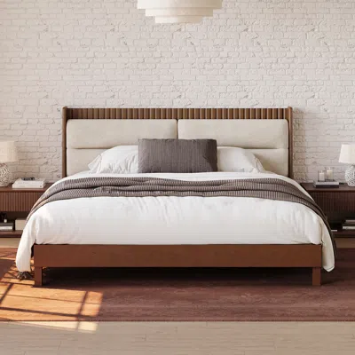 Homary Modern Walnut King Size Solid Wood Bed With Boucle Headboard Pillows In White