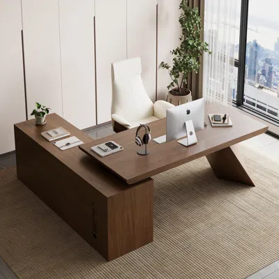 Homary Modern Walnut L-shape Executive Desk Drawers & Cabinet Home Office Desk Right Hand (70.9" ) In Brown