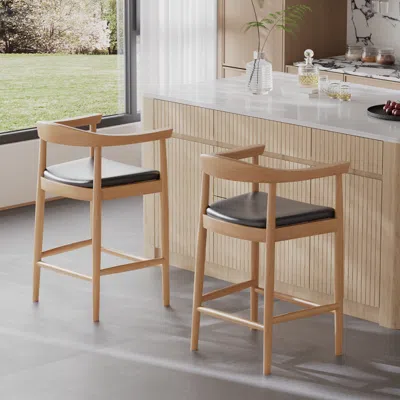 Homary Modern Walnut Solid Wood Counter Stool With Black Faux Leather Upholstery In Brown