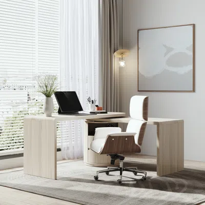Homary Modern Wash White L Shaped Desk & Off White Home Office Chair Set Upholstered Swivel