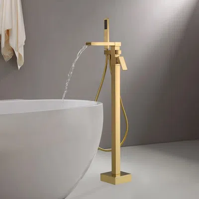 Homary Modern Waterfall Bathroom Tub Filler Faucet With Handheld Spray Solid Brass Brushed Gold