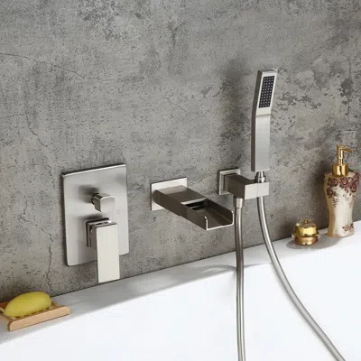Homary Modern Waterfall Wall-mount Solid Brass Bathtub Faucet & Handshower In Brushed Nickel In Silver