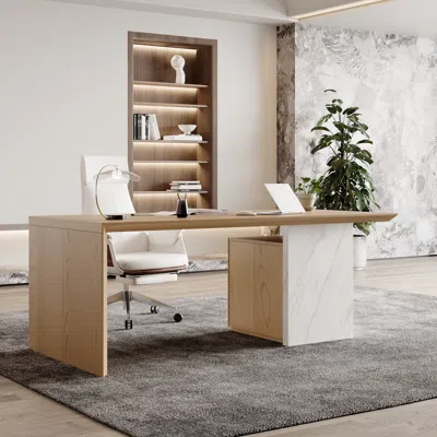 Homary Modern White & Natural Wooden Home Office Desk With Movable File Cabinet Office Furniture (59.8") In Brown