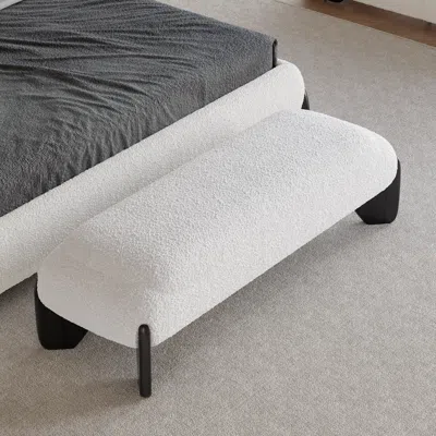 Homary Modern White Boucle Bedroom Bench Upholstered Long Bench With Wood Legs