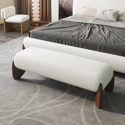 Homary Modern White Boucle Bedroom Bench Upholstered Long Bench With Wood Legs