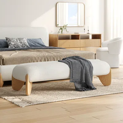 Homary Modern White Boucle Bedroom Bench Upholstered Long Bench With Wood Legs