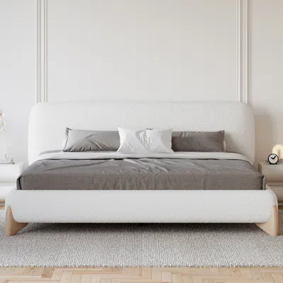Homary Modern White Boucle Platform Bed Cal King Size Bed Frame With Upholstered Headboard With Natural Woo In Gray