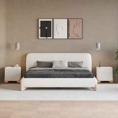 Homary Modern White Boucle Platform Bed King Size Bed Frame With Upholstered Headboard With Natural Wood Le In Multi