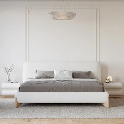 Homary Modern White Boucle Platform Bed King Size Bed Frame With Upholstered Headboard With Natural Wood Le In Gray