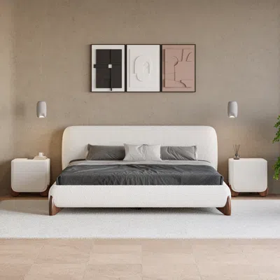 Homary Modern White Boucle Platform Bed Queen Size Bed Frame & 2-drawer Smart Boucle Nightstand