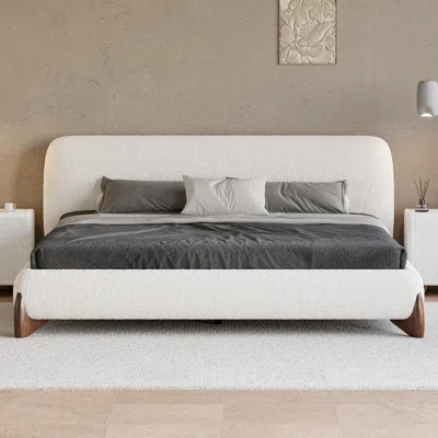 Homary Modern White Boucle Platform Bed Queen Size Bed Frame With Upholstered Headboard In Gray