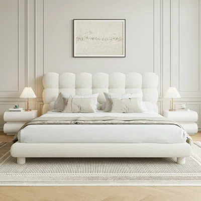 Homary Modern White Boucle Upholstered Platform Bubble King Bed Frame