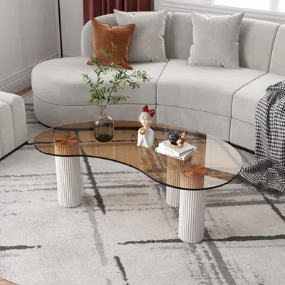 Homary Modern White Coffee Table With Tempered Glass & 3 Legs
