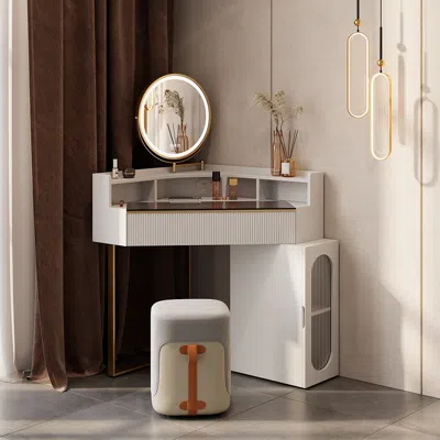 Homary Modern White Corner Makeup Vanity Set With Acrylic Top & Mirror & Stool & Cabinet