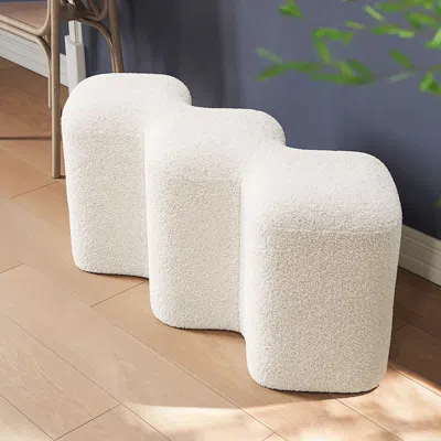Homary Modern White Entryway Bench Boucle Upholstered Molecule Ottoman Wooden Frame