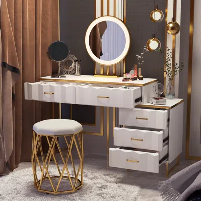 Homary Modern White Extendable Makeup Vanity 5 Drawers Dressing Table Set With Stool And Mirror